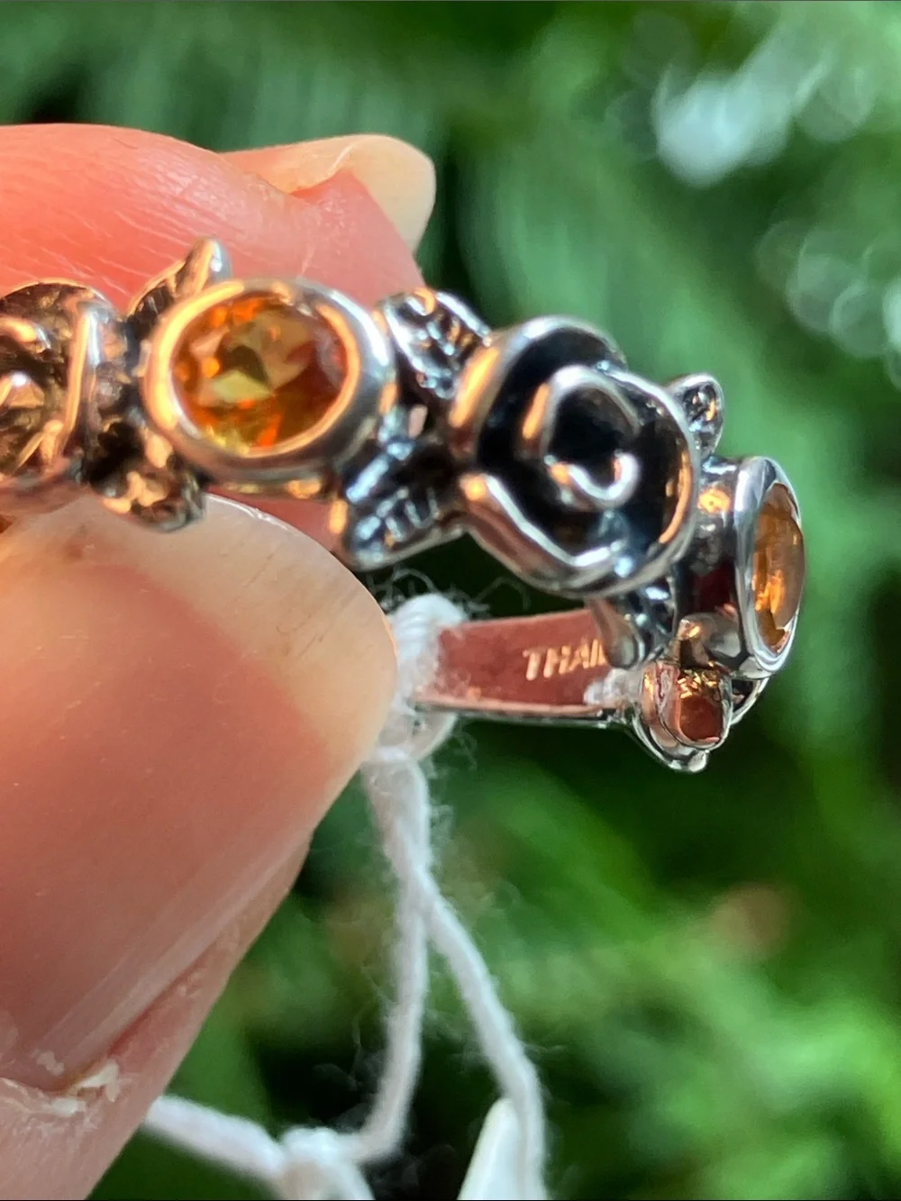 .925 Solid Silver Floral Pinky Ring with Orange Gemstones Sz 4.5 Or Paz